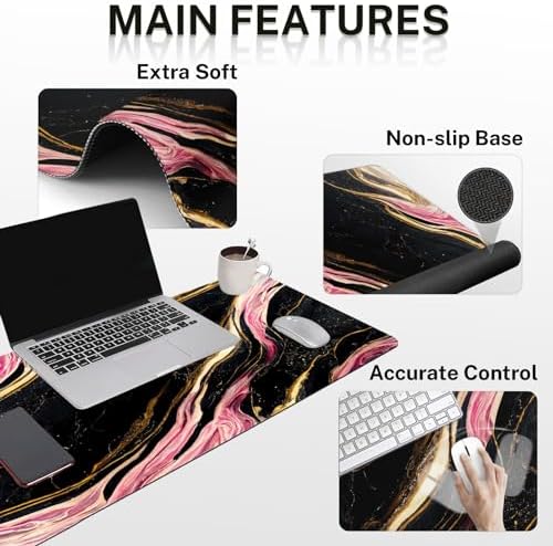 Britimes Keyboard Mouse Pad Set, 4 in 1 Desk Mat Set, Pink Black Marble