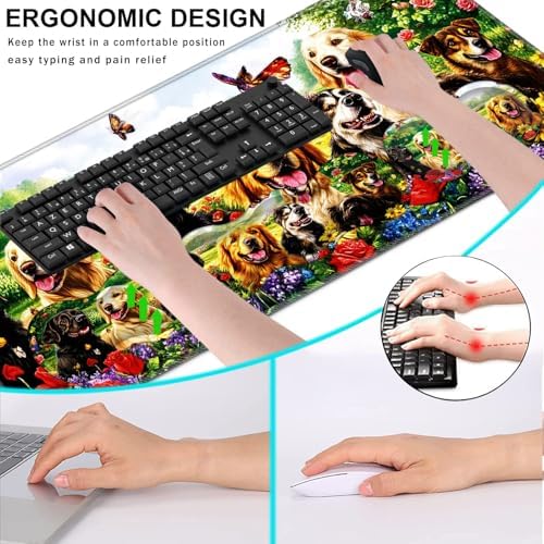 Keyboard Wrist Rest and Mouse Pad with Wrist Support Set Ergonomic Coaster,Memory Foam,Easy Typing Pain Relief,Large XL Desk Mat 31.5"x 11.8",Dog with Butterflies and Flowers