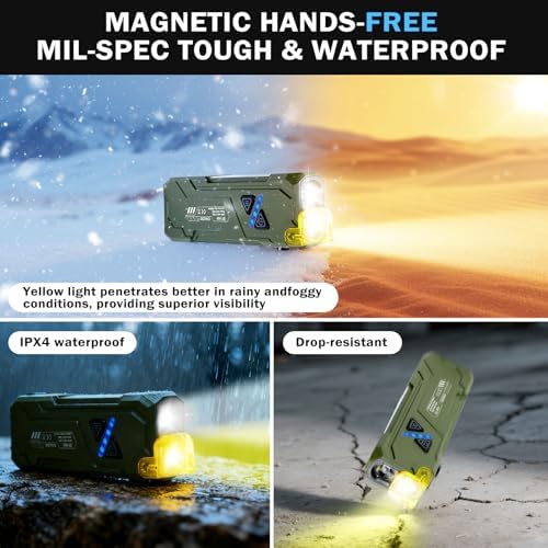 EDC Rechargeable Flat Flashlight 1000 Lumens White LED/UV/RGB Ambient Signaling Flashlights, Magnetic Clip on Pocket Light for Outdoors, Emergency, Working (1, Green, Compact)