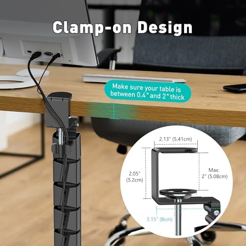 Clamp-On Cable Management Spine, No-Drill Vertebrae Wire Hider for Glass & Wood Standing Desks, Tool-Free Adjustable Desk-to-Floor Cord Organizer Snake with Non-Scratch Silicone Padding