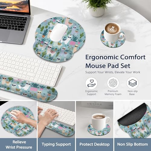 Cute Alpacas Ergonomic Keyboard and Mouse Wrist Rest Set, Cacti Mouse Pad with Non Slip Base, Soft Cloth Surface for Office and Home Typing Support