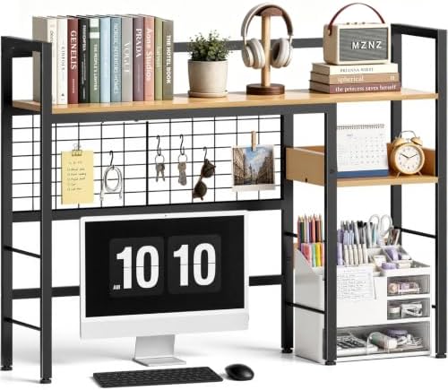 Desk Shelf, 38.6" Desk Hutch with Pegboard Hooks Set, Natural