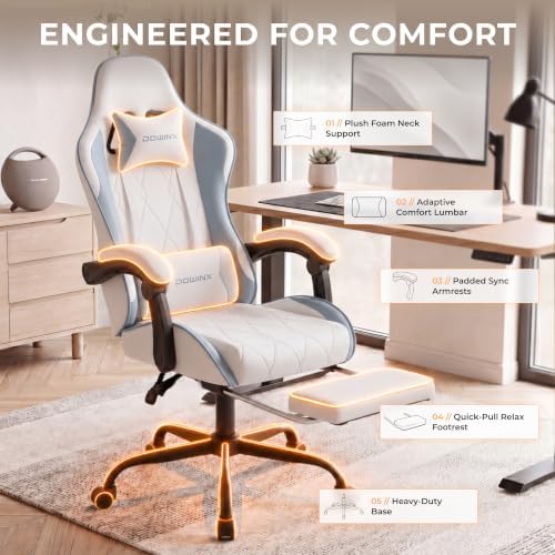 Dowinx Gaming Chair with Footrest, Ergonomic Office Chair, White Blue