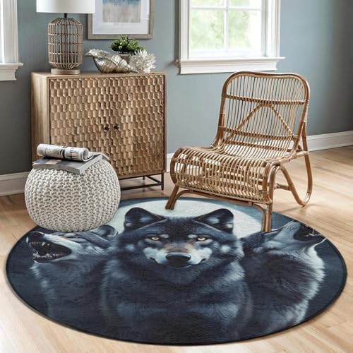Fashion Round Area Rug Large Non Slip Carpet, Full Moon Wolf Unisex Home Decor Mat