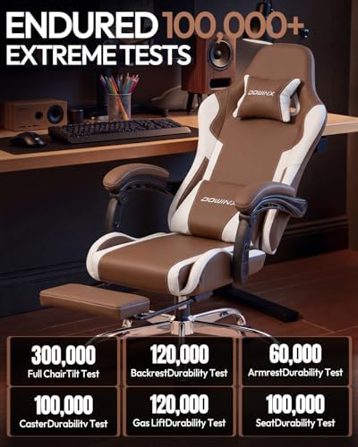 Dowinx Ergonomic Gaming Chair with Footrest & Massage Lumbar, 2D-Linkage Armrests for Computer Chair 330lbs with Headrest Pillow for Office, Home, Streaming and Long Gaming Sessions, Fabric Brown