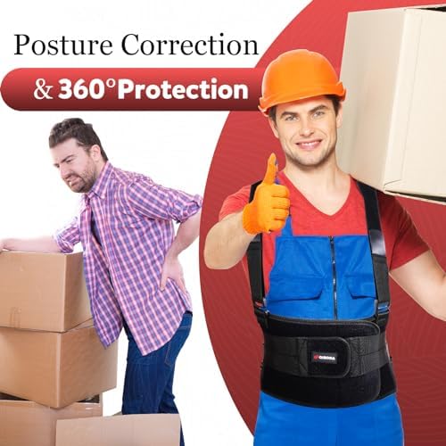 Work Back Brace with Removable Suspender Straps, Lumbar Posture Corrector for Heavy Lifting Safety Protector, Back Support Belt for Men Women in Moving, Construction and Warehouse Jobs Large