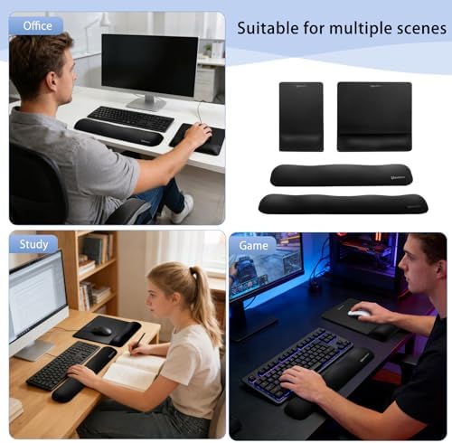 UnivoColors Mini Size Mouse Pad with Wrist Rest & M-Size Keyboard Wrist Rest Set,Premium PU Material,Low-Rebound Cushion,Ergonomic Design,Smooth Mouse Control with Hard Plate,Reduces Fatigue,Black