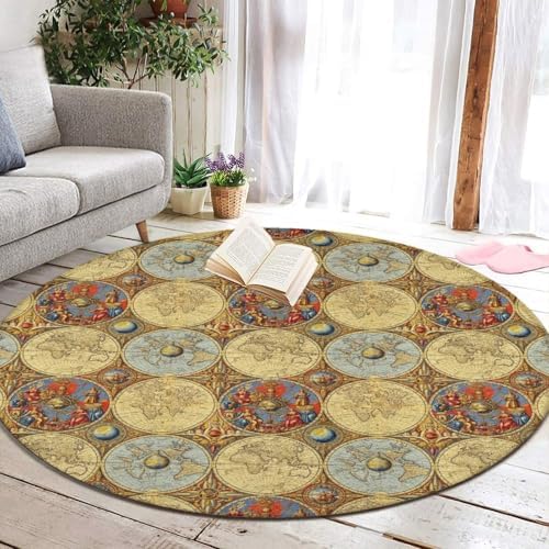 Soft Round Yoga Carpet, Large Home Decor Mat, Non-Slip Machine Washable Kitchen Office Circle Rug Compatible with World Map