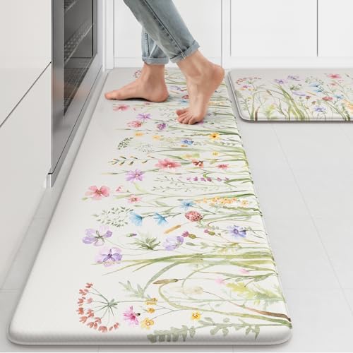 KIMODE Anti Fatigue Kitchen Mats for Floor, Floral Kitchen Rugs Sets of 2