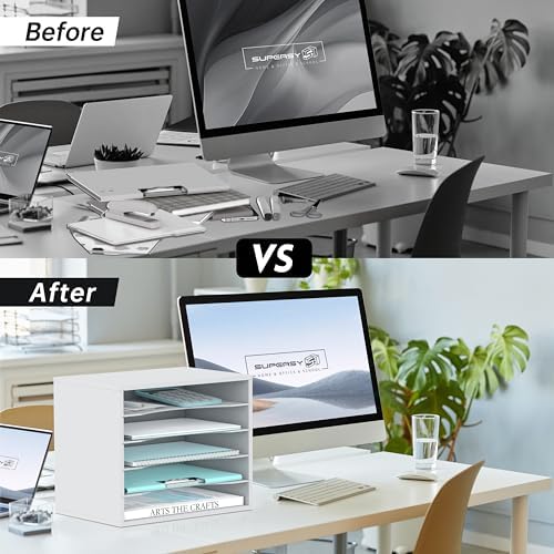 5 Tier Wood Desk Organizer, Mail Sorter and Paper Organizer for Desk, White