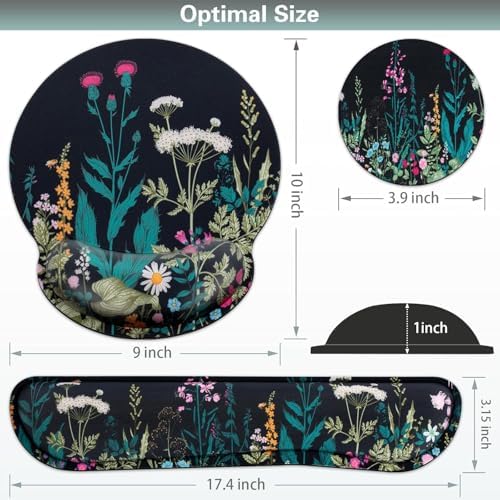Mouse Pad with Wrist Rest Set, 3-in-1 Wrist Support Mouse Pad Set, Floral