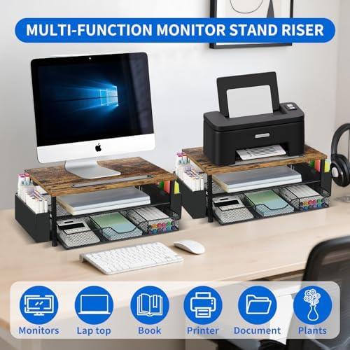 AUPSEN Wood Desk Organizers and Accessories, 2-Tier Computer Monitor Stand Riser with Drawer, Pen Storage & Phone Holder, Office Desk Accessories, Workspace Desktop Organization for Office Supplies（Brown）