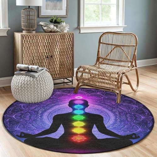 Soft Round Yoga Carpet, Office Chair Decor Round Mat for Carpet and Hardwood Floors Compatible with Seven Chakra Yoga Meditation Lotus Purple Mandala