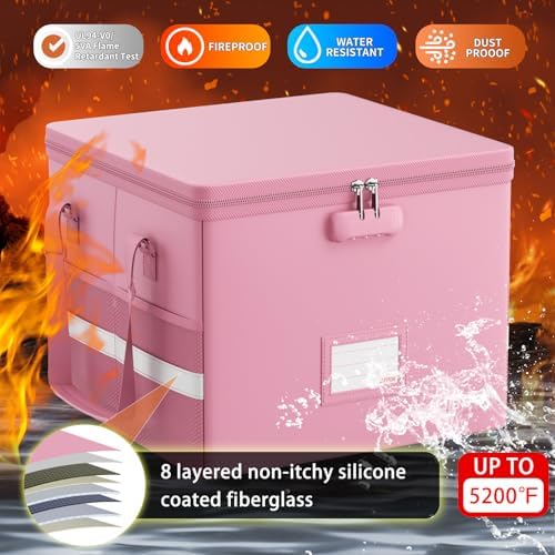 ENGPOW 5200°F File Box Fireproof Document Box with Lock,Heat Insulated Collapsible File Storage Organizer Box with Handle,Portable Home Office File Cabinet for Hanging Letter/Legal Size Folder, Pink