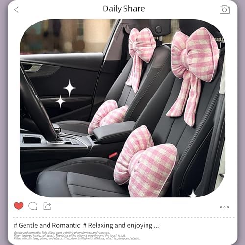 2PCS Chic Car Headrests with Bow-Shaped Cotton Linen Bowknot Neck Pillows for Cozy Road Trip & Cute Interior Decoration (Pink Plaid)