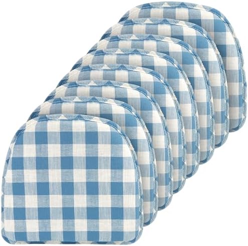 Klear Vu The Gripper Non-Slip Linen Check Dining Kitchen Chair Pads, 15" x 16" x 2", Set of 8, Liza Check Blue