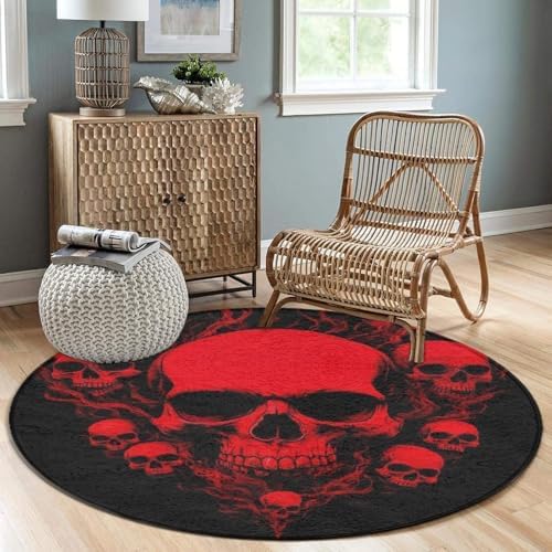 Women's Large Home Decor Mat, Soft Round Yoga Carpet, Non Slip Machine Washable Home Office Circle Rug Cool Red Skulls