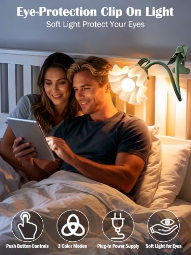 Clip on Light Flower Desk Lamp, LED Reading Light 3 Color Modes Eye-Caring Book Light Flexible Gooseneck Bedside Clip on Lamp for Desk Piano Office Bed Headboard Dorm (Green Lamp)
