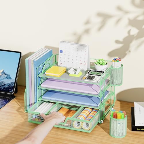 Marbrasse 4-Tier Paper Tray Organizer with Drawer and Pen Holder, Green