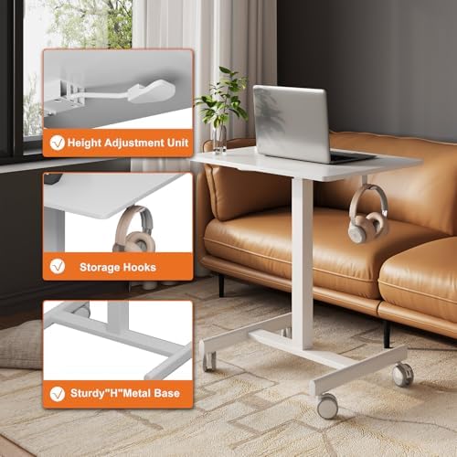 Mobile Standing Desk on Wheels, Pneumatic Height Adjustable, White