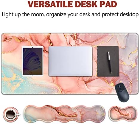Upgraded Extended Gaming Mouse Pad, Keyboard Wrist Rest Pad, Wrist Support Mousepad Set, Artso Large Stable Rubber Base Stitched Edges, Multifunctional Desk Pad 35 x15.5 in, Abstract Pink Marble