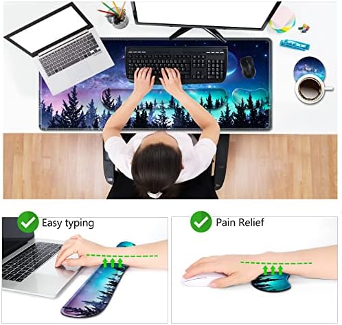 AIMSA Large Gaming Mouse Pad Set, Keyboard Wrist Rest Support + Extended Mouse Pad + Mouse Wrist Cushion + Coaster, Ergonomic Memory Foam Multifunctional Desk Mat 35x15.7inch (Forest Moon Sky)