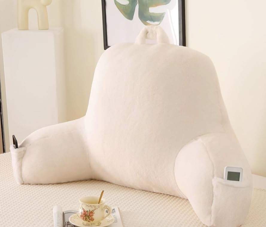 Large Plush Backrest Pillow for Sitting in Bed,Faux Fur,White