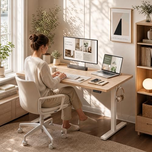 Grandder 47x32 Large Electric Standing Desk, Height Adjustable Computer Desk with 2 Memory Presets, 31.5" Deep Desktop Sit Stand Desk Home Office Desk Workstation Table with Hooks, Maple
