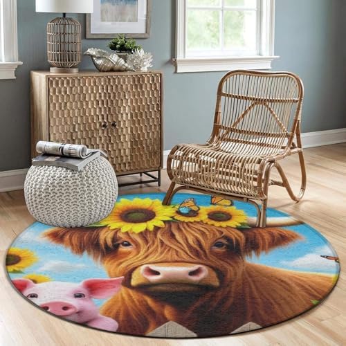 Men's Large Home Decor Mat, Soft Round Yoga Carpet, Non Slip Machine Washable Home Office Circle Rug Pig Sunflower Highland Cow
