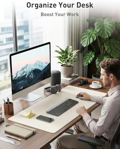 Aothia Faux Leather Desk Mat - Non-Slip PU Leather Desk Blotter, Waterproof Writing Surface, Large Desk Pad for Office & Home (Off-White, 55" x 17")