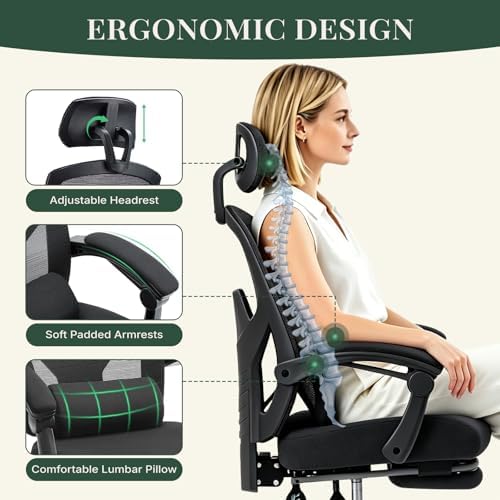 Ergonomic Office Chair with Footrest, High Back Home Desk Computer Chair with Lumbar Support & Headrest, 90-135° Reclining Mesh Back with Wheels for Work, Gaming, Black