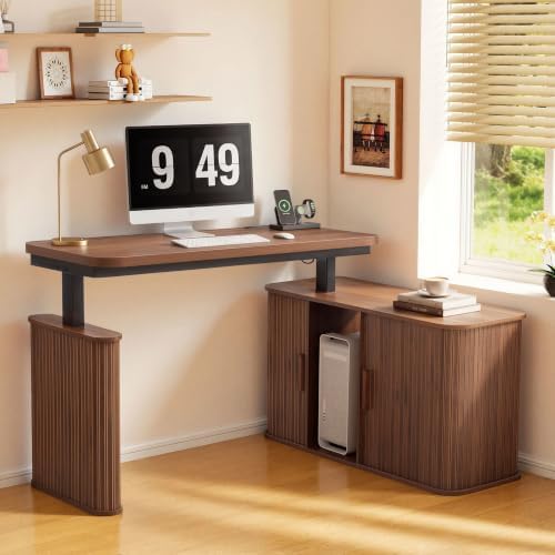 47" L Shaped Electric Wood Standing Desk with Storage