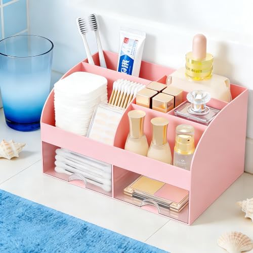 Makeup Organizer with 2 Drawers, Cosmetic Storage for Dresser Vanity and Bathroom Countertop,Make up organization and Skincare Storage with Beauty Brush Holder, Cosmetic Display Case (Pink)