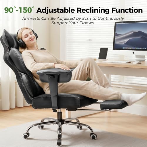 GTPOFFICE Big and Tall Office Chair 400LBS Wide Seat Computer Gaming Chair with Footrest & Comfy Lumbar Support, Leather High Back Executive Chair with Ergonomic Pressure Relief Seat Cushion, Black