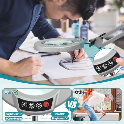 12X Magnifying Glass with Light and Stand, 5 Color Modes, Brightness Stepless Dimmable LED Lighted Magnifier Hands Free, 2-in-1 Desk Lamp & Clamp Light, Magnifier Lamp for Crafts - Silvery