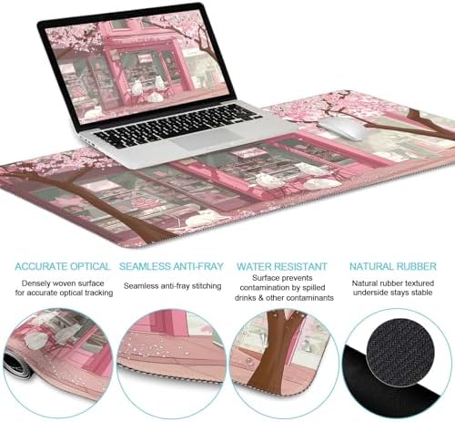 LIMKRIAN Anime Cat Mouse Pad with Wrist Rest, Pink Desk Mat Set for Women