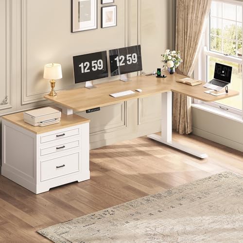 SEDETA Farmhouse L Shaped Electric Standing Desk, 70.9" x 39.4" Height Adjustable Office Executive Desk with 3 Drawers, Standing Computer Desks with Power Outlet for Home Office, Oak