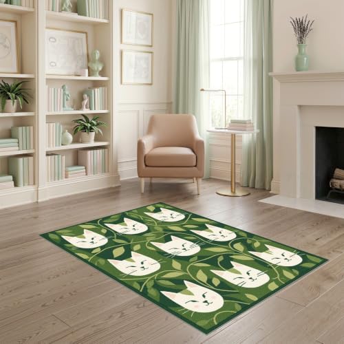4'x6' Green Cat Forest Faces Interlinked by Ultra-Soft Area Rug