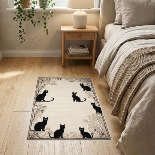 2'x3' Black Cat Taupe Design with Motifs Washable Doormat