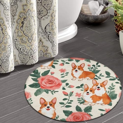 Fashion Round Area Rug Large Non Slip Carpet Unisex Home Decor Mat Floral Flowers Cute Corgi