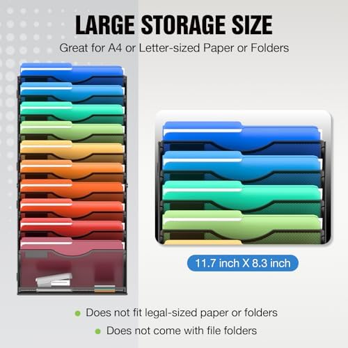 MINDEPOT 11 Tier Wall File Holder Hanging Wall Mount Paper File Organizer for Mails Folders Document Magazine Organization, for Office School Home, Black