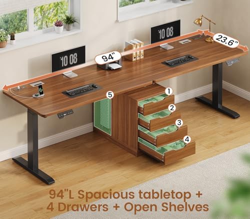 SEDETA Standing Two Person Desk with 4 Drawers, 2 Power Outlets, CPU Stand