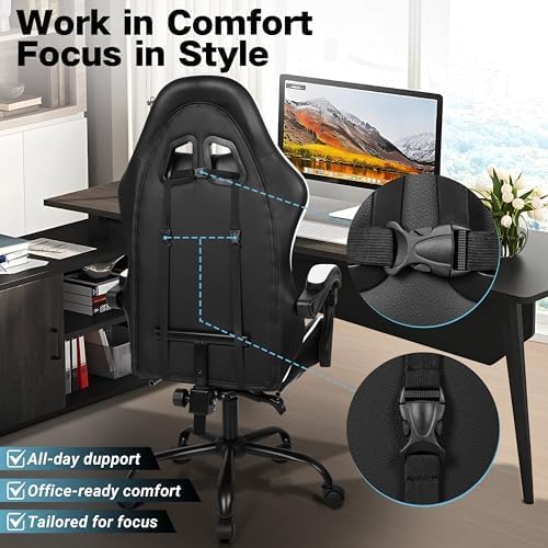 Gaming Chair, Ergonomic Computer Chair with 90°-150° Reclining Backrest & Footrest, Headrest & Lumbar Support, 360° Swivel Height Adjustable Desk Chair, High Back for Adults