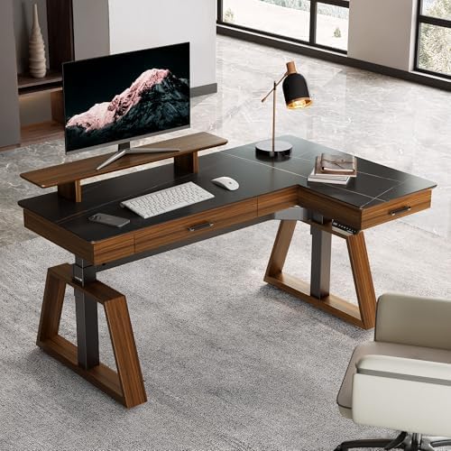 EUREKA ERGONOMIC 63" L-Shaped Standing Desk with Dual Drawers, Height Adjustable Sit-Stand Executive Desk with Monitor Stand, Right, Black