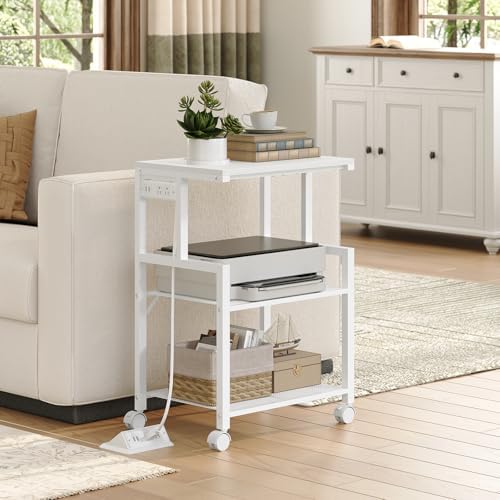 MAHANCRIS Mobile Printer Stand, 3-Tier Industrial Printer Cart with 2 AC Outlets and 2 USB Ports, Rolling Printer Table on Wheels for Home Offices Kitchen Organization Rack, White PTWT78E01
