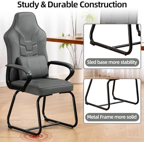 Leather Office Guest Chair No Wheels High Back Computer Reception Chairs with Padded Arms Waist Pillow for Gaming Meeting Conference Waiting Room, Grey