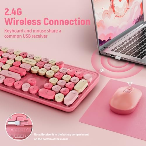 Wireless Keyboard and Mouse, Full-Sized Typewriter Keyboard Silent, Pink