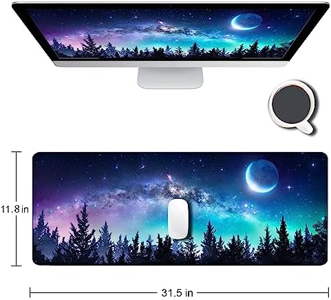 Gaming Large Mouse Pad with Stitched Edges, Galaxy Desk Mat, Extended Keyboard Pad, Non-Slip Rubber Base Desk Pad for Keyboard and Mouse, 31.5X11.8 inch, Moon Starry Sky