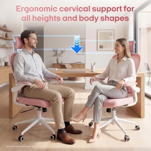 LuxErgo Ergonomic Office Chair, High Back Home Office Chair with 4D Adjustable Headrest & Lumbar Support, 330lbs Capacity Mesh Desk Chairs with Flip-Up Arms, Comfortable Computer Chairs, Pink