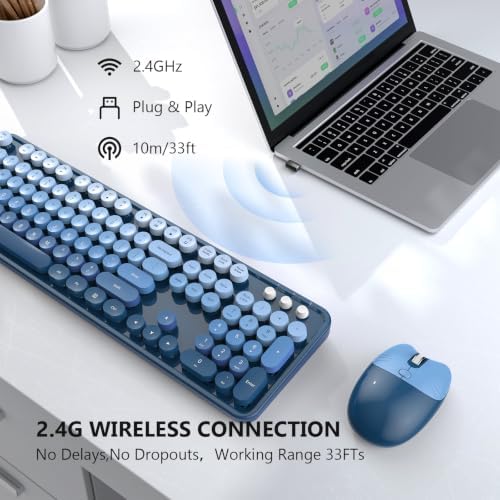 MOFII Wireless Keyboard and Mouse Combo, 2.4 GHz Full-Size Retro Round Keyboard and Mouse, Plug and Play, 8 Multimedia & Shortcut Keys for Mac, Windows, Laptop/Desktop/PC - Blue Gradient
